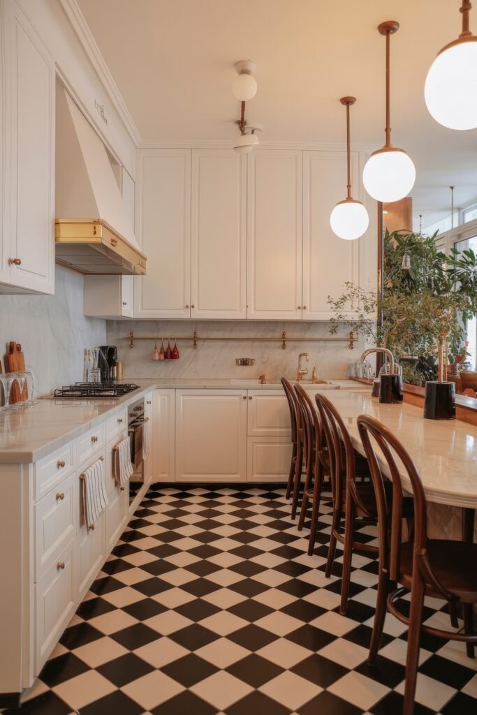 Inspiring Styles to Refresh Your White Kitchen Cabinets 18 Elegant kitchen with tall white cabinets, black-and-white checkered floors, and a long marble-topped counter with classic bentwood chairs and globe pendant lights.