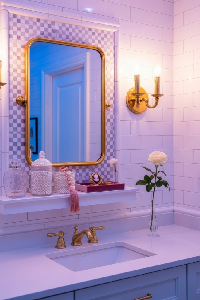 Gorgeous Ways to Elevate Your Bathroom Shelf Decor 19 Elegant bathroom with a classic white vanity, gold accents, and a bathroom shelf decor arrangement including pearl-textured containers, a perfume bottle, cameo brooch, and a single white rose, set against white tile with a lavender checkerboard frame around the mirror.