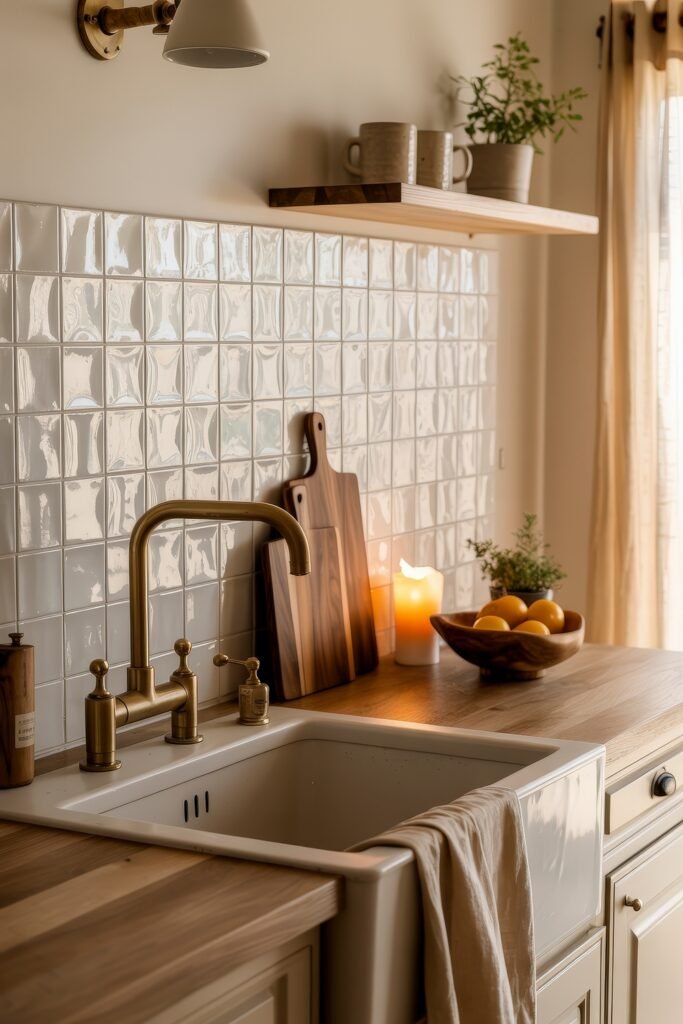 Rustic‑Modern Kitchen Ideas for Warm, Sleek Style 16 Farmhouse-style kitchen with a white ceramic sink, brass faucet, glowing candlelight, wooden cutting boards, and a bowl of lemons on wood countertops.