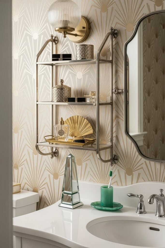 Gorgeous Ways to Elevate Your Bathroom Shelf Decor 20 Glamorous art deco-style bathroom with a metallic shelf displaying decorative containers, glass bottles, and a gold fan ornament, paired with a curved white vanity, mirrored obelisk, and geometric wallpaper in soft gold tones.