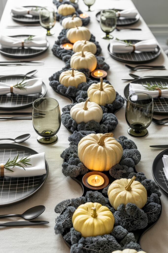 Monochrome Marvels: Black & White Thanksgiving Tablescapes 18 Striking thanksgiving centerpiece with a winding line of white pumpkins nestled in black moss, accented by tealight candles, grid-patterned plates, and rosemary-tied napkins.