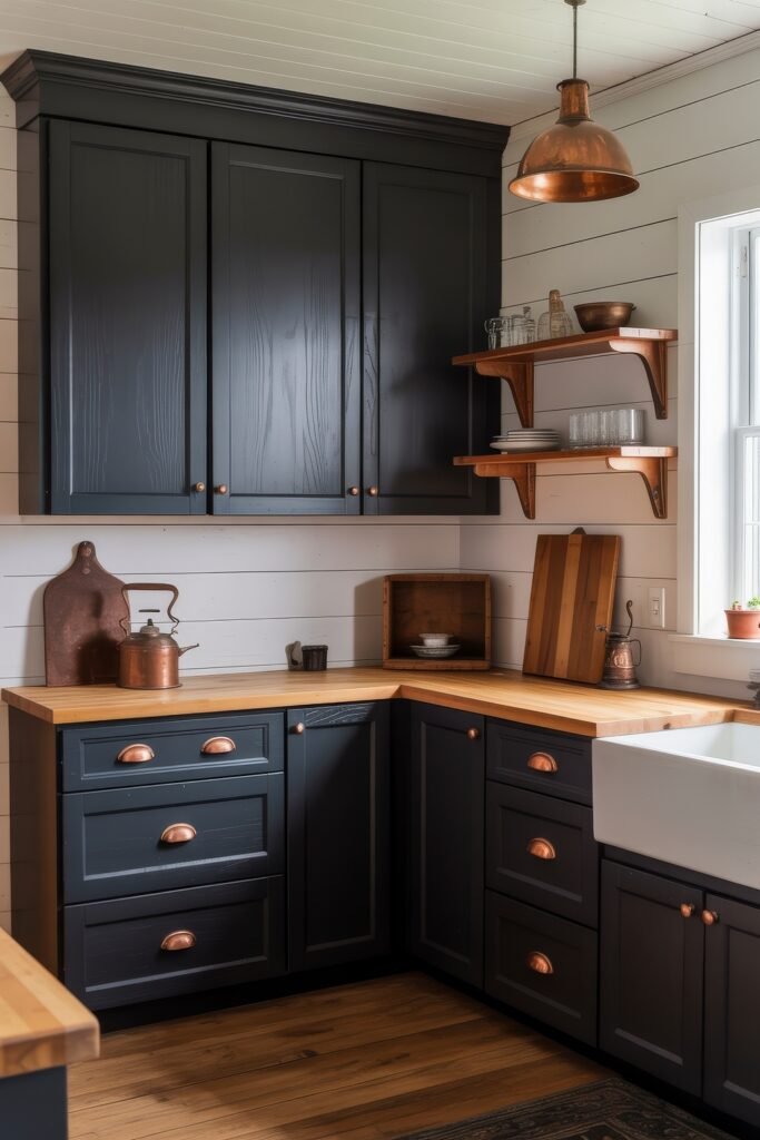 Stunning Ways to Style Black Kitchen Cabinets 24 Farmhouse-style kitchen with black kitchen cabinets, copper hardware, butcher block countertops, and a copper pendant light, set against a white shiplap wall.