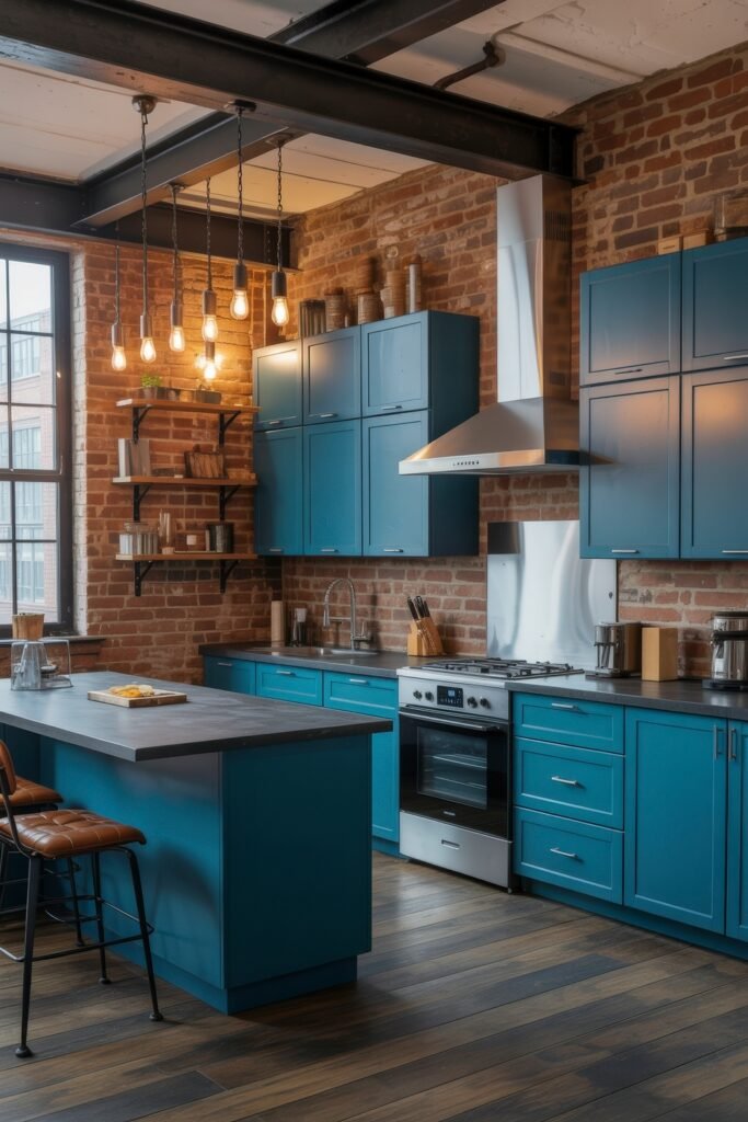 Inspiring Looks for Blue Kitchen Cabinets in Every Style 23 Industrial kitchen with matte blue kitchen cabinets, exposed brick walls, dark countertops, and Edison bulb lighting creating a cozy, loft-style vibe.
