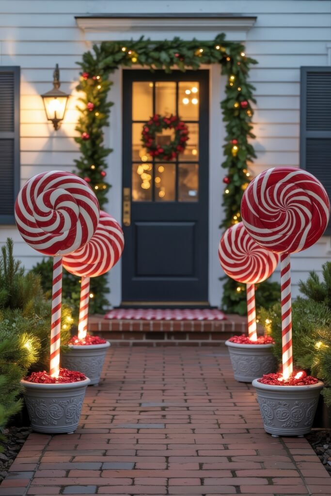 Front Door Cheer: Christmas Door Decorations Outdoor Ideas 23 A front walkway lined with oversized red and white lollipop decorations leading to a door framed with garland and a wreath, evoking whimsical outdoor christmas decorations.