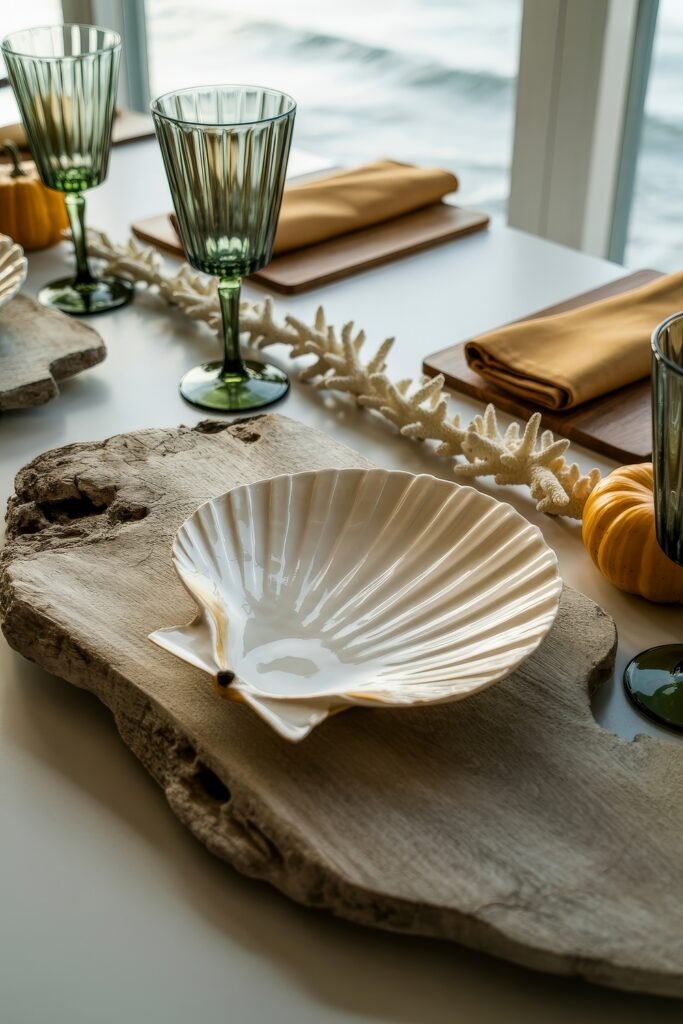 Breezy Blues & Driftwood Accents: Coastal Thanksgiving Tablescapes 18 Oceanfront table setting with driftwood chargers, shell-shaped plates, green goblets, and gold napkins, styled with small pumpkins and a coral garland for a chic coastal thanksgiving tablescape.