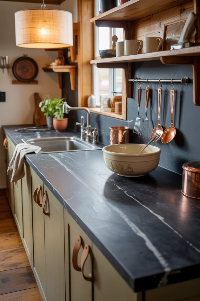 Rustic‑Modern Kitchen Ideas for Warm, Sleek Style 17 Cozy kitchen with black stone countertops, olive green cabinets, copper utensils, and open wood shelving, combining rustic charm with practical elegance.