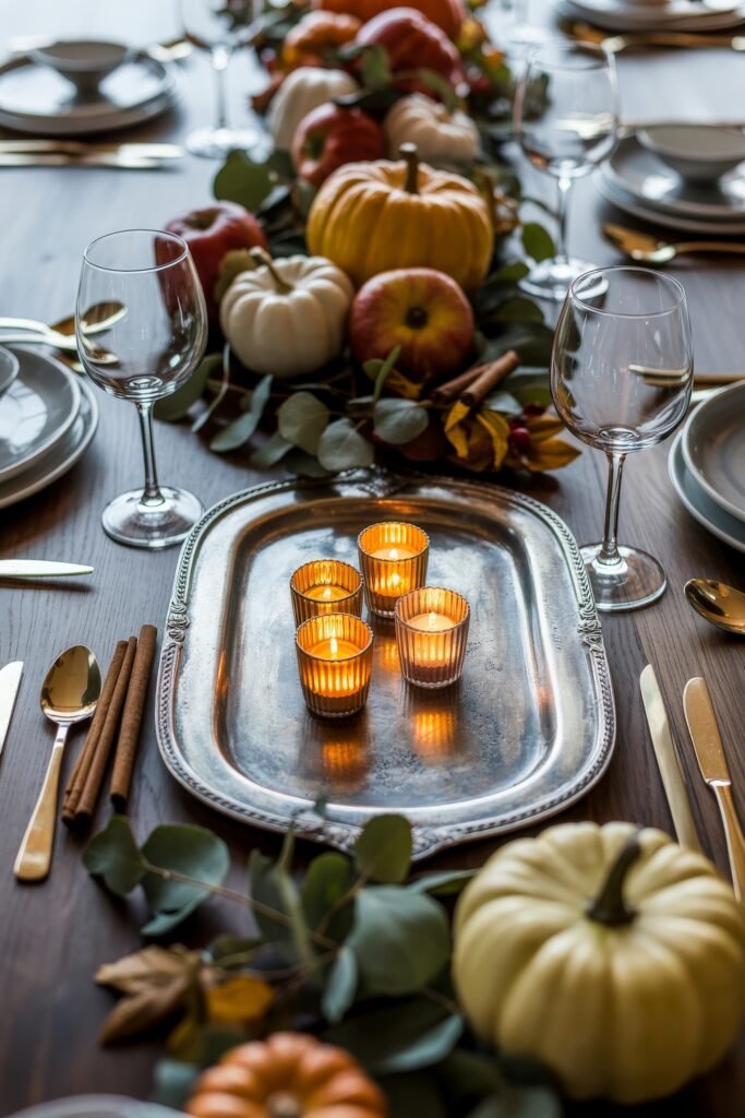Effortless Harvest Table Looks: Thanksgiving Tablescapes Simple & Chic 19 Warm Thanksgiving tablescape with a rich centerpiece of pumpkins, apples, and eucalyptus, complemented by a silver tray with four glowing votive candles and elegant glassware.