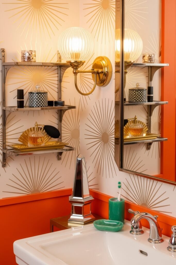 Gorgeous Ways to Elevate Your Bathroom Shelf Decor 21 Bold and glamorous bathroom with gold and chrome accents, featuring art deco wallpaper, a glass globe sconce, and metallic bathroom shelf decor including a vintage perfume atomizer, jewelry box, and a mirrored obelisk sculpture on the vanity.