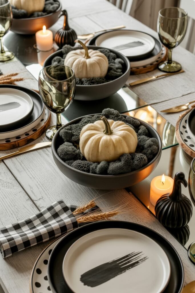 Monochrome Marvels: Black & White Thanksgiving Tablescapes 19 Artistic thanksgiving table with white pumpkins nestled in black moss inside matte bowls, brushstroke plates, smoked glassware, and candlelight reflecting off a mirrored runner.