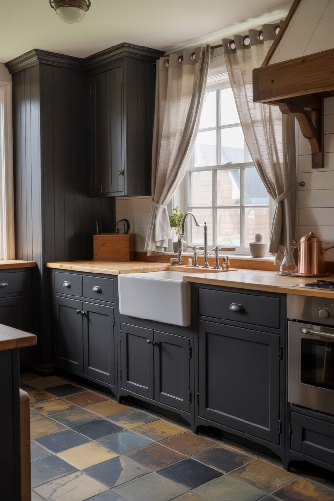 Stunning Ways to Style Black Kitchen Cabinets 25 Rustic kitchen design featuring black kitchen cabinets, a farmhouse sink, slate tile flooring, and beige curtains over a large window that lets in natural light.