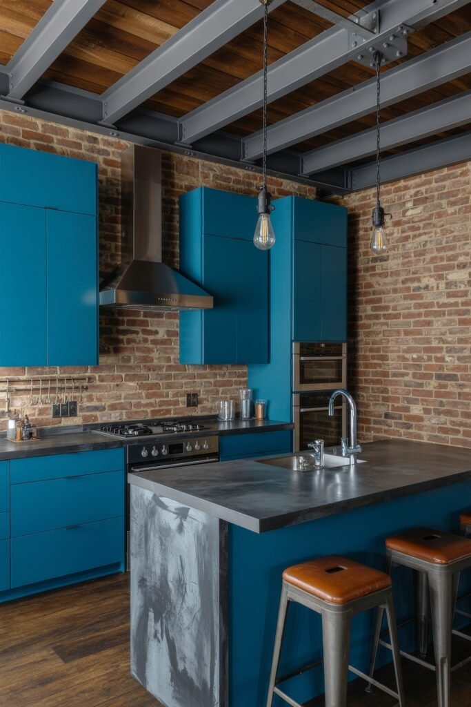 Inspiring Looks for Blue Kitchen Cabinets in Every Style 24 Urban industrial kitchen with steel beams, brick walls, matte blue cabinets, and a concrete-look island paired with leather and metal bar stools.