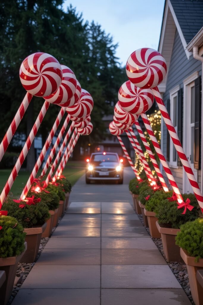 Front Door Cheer: Christmas Door Decorations Outdoor Ideas 24 A driveway entryway flanked with giant red-and-white peppermint lollipops on striped poles, creating a fun candy-cane lane effect perfect for christmas door decorations outdoor.