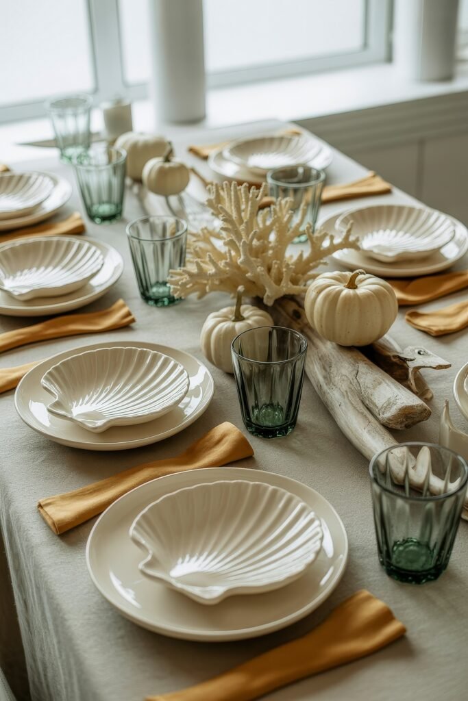 Breezy Blues & Driftwood Accents: Coastal Thanksgiving Tablescapes 19 Bright and elegant Thanksgiving table featuring shell-shaped plates, driftwood accents, white pumpkins, faux coral, and green glassware, complemented by mustard yellow napkins.