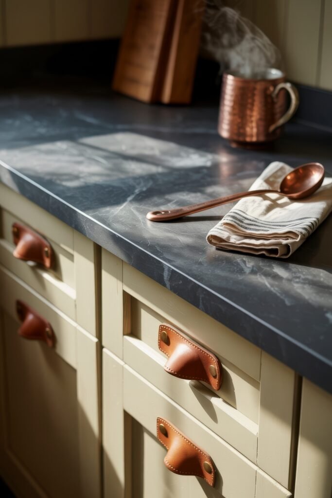 Rustic‑Modern Kitchen Ideas for Warm, Sleek Style 18 Detail view of a rustic kitchen counter with black stone surface, soft morning light, a copper mug steaming beside a copper spoon on a folded towel.
