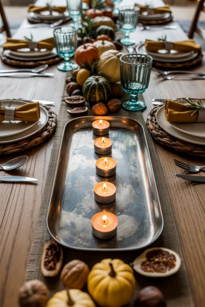Effortless Harvest Table Looks: Thanksgiving Tablescapes Simple & Chic 20 Natural-themed Thanksgiving table featuring a line of tealights on a silver tray, surrounded by pumpkins, figs, nuts, and teal goblets, with mustard napkins on woven chargers.