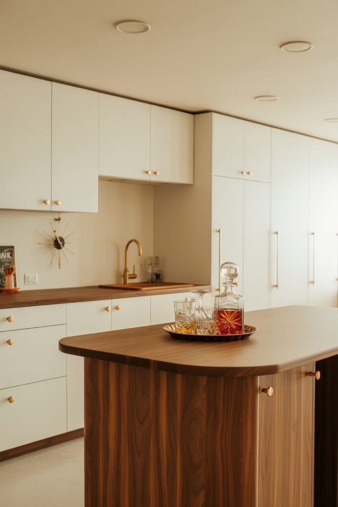 Inspiring Styles to Refresh Your White Kitchen Cabinets 20 Contemporary kitchen with white cabinets, rich walnut wood countertops and island, gold hardware, and a tray of glassware, blending luxury and simplicity.
