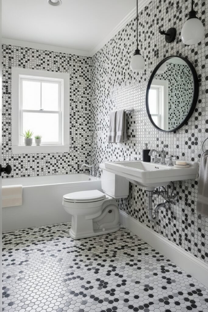 Creative Ways to Elevate Your Bathroom Wall Decor 21 Black and white bathroom with a mix of penny and square mosaic tiles covering the floor and walls, featuring a pedestal sink, round mirror, and simple bathroom wall decor with modern lighting.