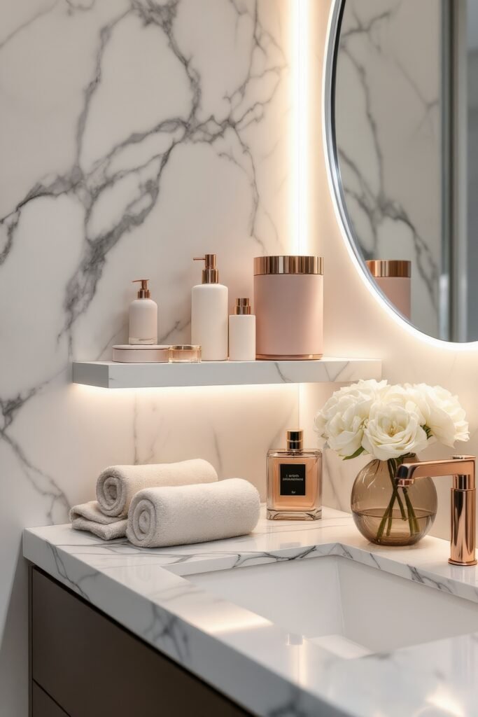 Gorgeous Ways to Elevate Your Bathroom Shelf Decor 22 Luxurious bathroom with marble surfaces and soft under-shelf lighting, showcasing elegant bathroom shelf decor with rose gold dispensers, a perfume bottle, white rolled towels, and a vase of white flowers beneath a circular mirror.