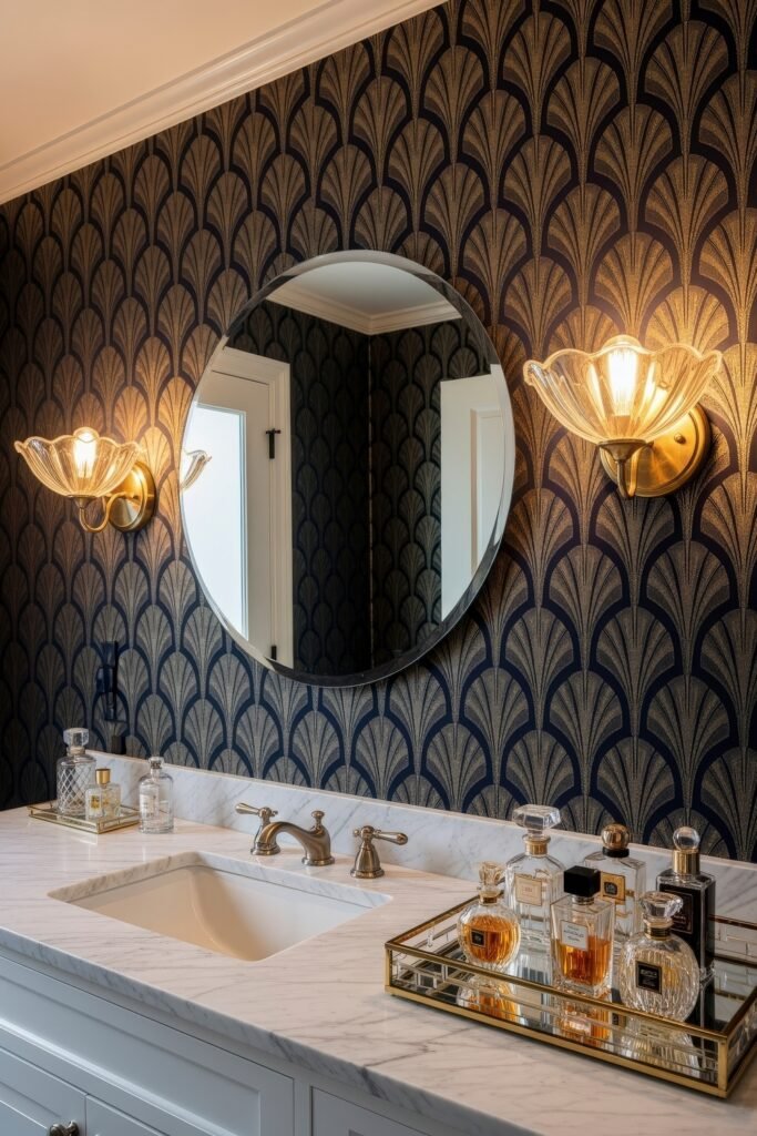 Creative Ways to Elevate Your Bathroom Wall Decor 22 Glamorous vanity area with art deco wallpaper, a round mirror, marble countertop, and brass lighting fixtures, styled with a mirrored tray of perfume bottles for an elegant bathroom decor look.