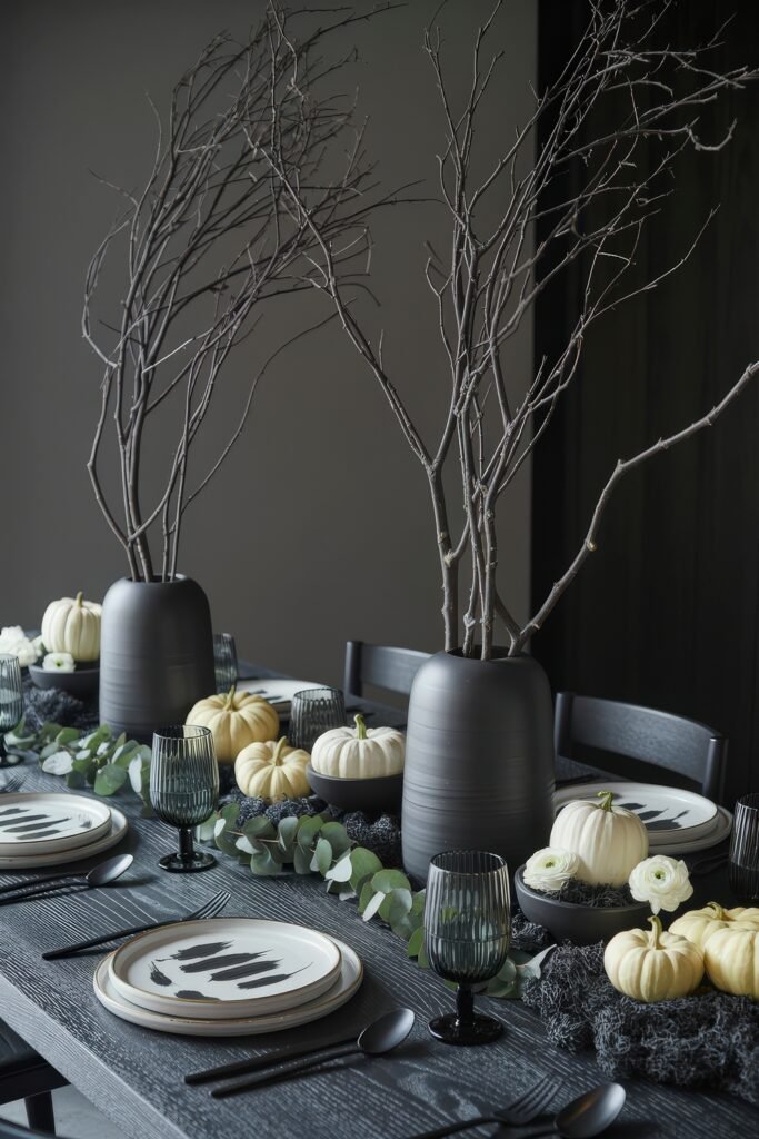 Monochrome Marvels: Black & White Thanksgiving Tablescapes 20 Dramatic black and white thanksgiving tablescape with large black vases of bare branches, a garland of eucalyptus, white pumpkins, black moss, and monochrome dinnerware for a bold modern look.