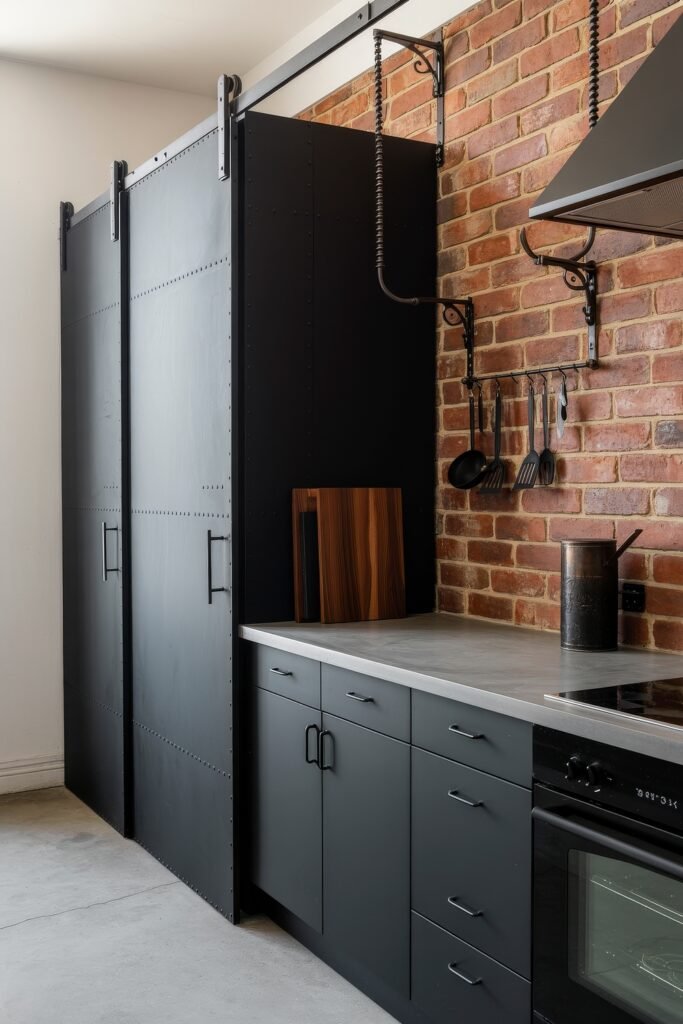 Stunning Ways to Style Black Kitchen Cabinets 26 Industrial-style kitchen with matte black kitchen cabinets, a brick backsplash, concrete countertops, and metal pipe-style fixtures with wall-mounted utensil hooks.