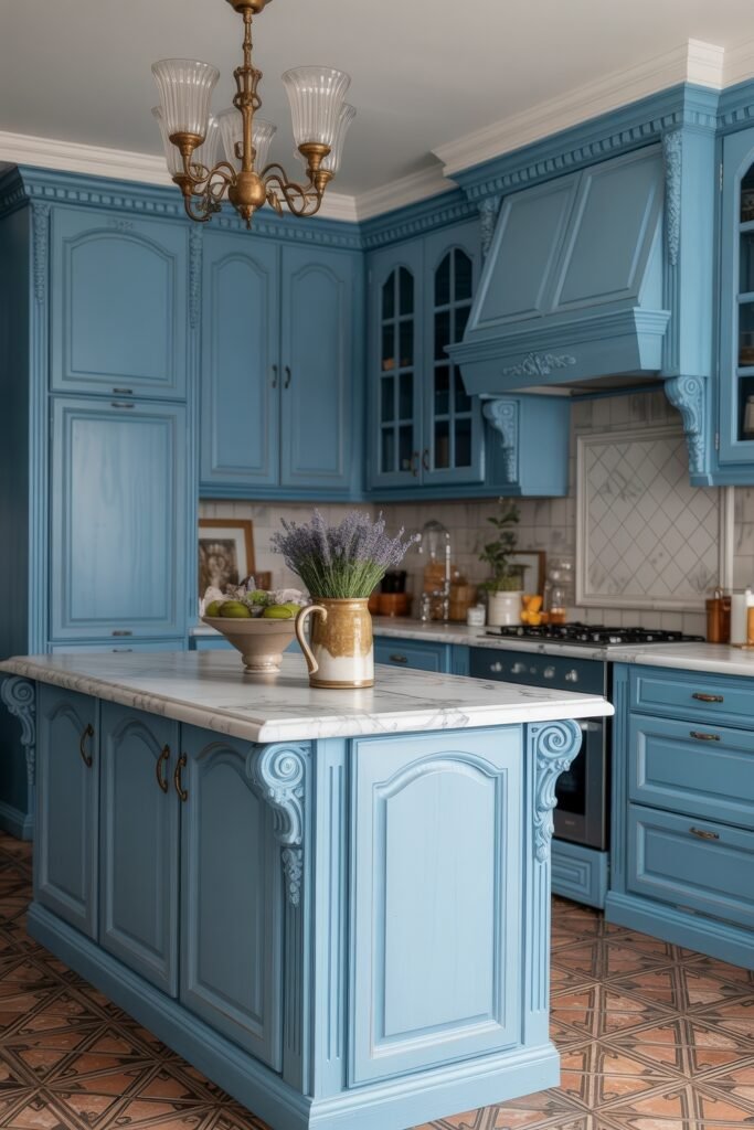 Inspiring Looks for Blue Kitchen Cabinets in Every Style 25 Elegant traditional kitchen with ornate baby blue cabinets, white marble countertops, and vintage brass lighting over a decorative tiled floor.