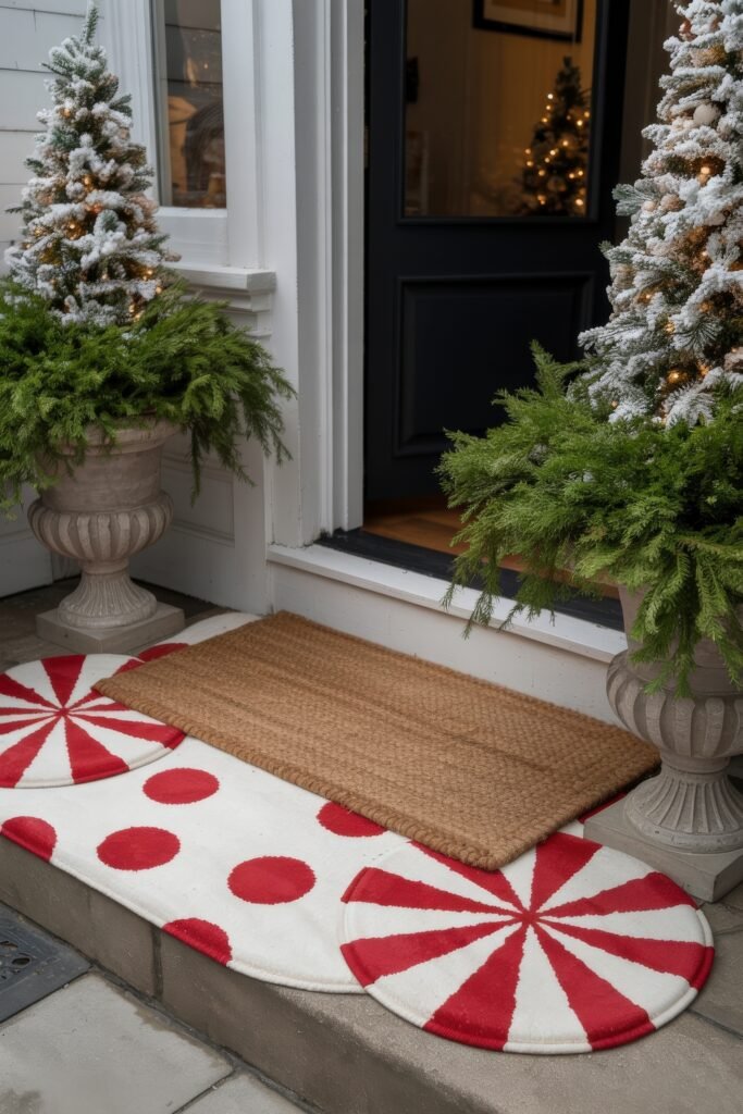 Front Door Cheer: Christmas Door Decorations Outdoor Ideas 25 A cozy doorstep with peppermint-inspired rugs, a natural fiber mat, and two snow-covered potted Christmas trees, blending festive cheer and traditional charm.