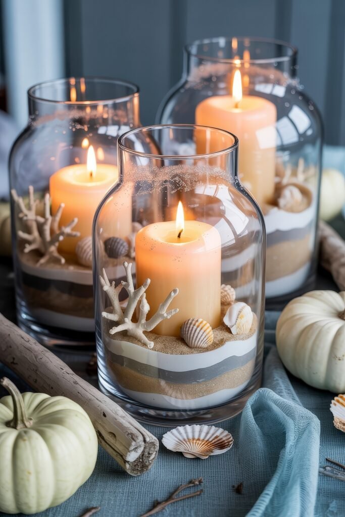 Breezy Blues & Driftwood Accents: Coastal Thanksgiving Tablescapes 20 Decorative trio of glass hurricane candle holders filled with sand, coral, and seashells, surrounded by white pumpkins and driftwood, evoking a cozy coastal thanksgiving centerpiece.