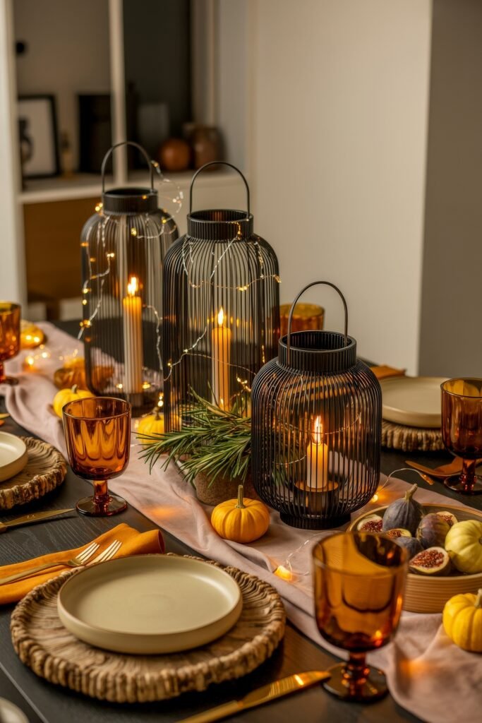 Effortless Harvest Table Looks: Thanksgiving Tablescapes Simple & Chic 21 Cozy fall table setting with glowing candles inside black lanterns wrapped in fairy lights, surrounded by mini pumpkins, figs, and amber glassware on a soft blush runner.