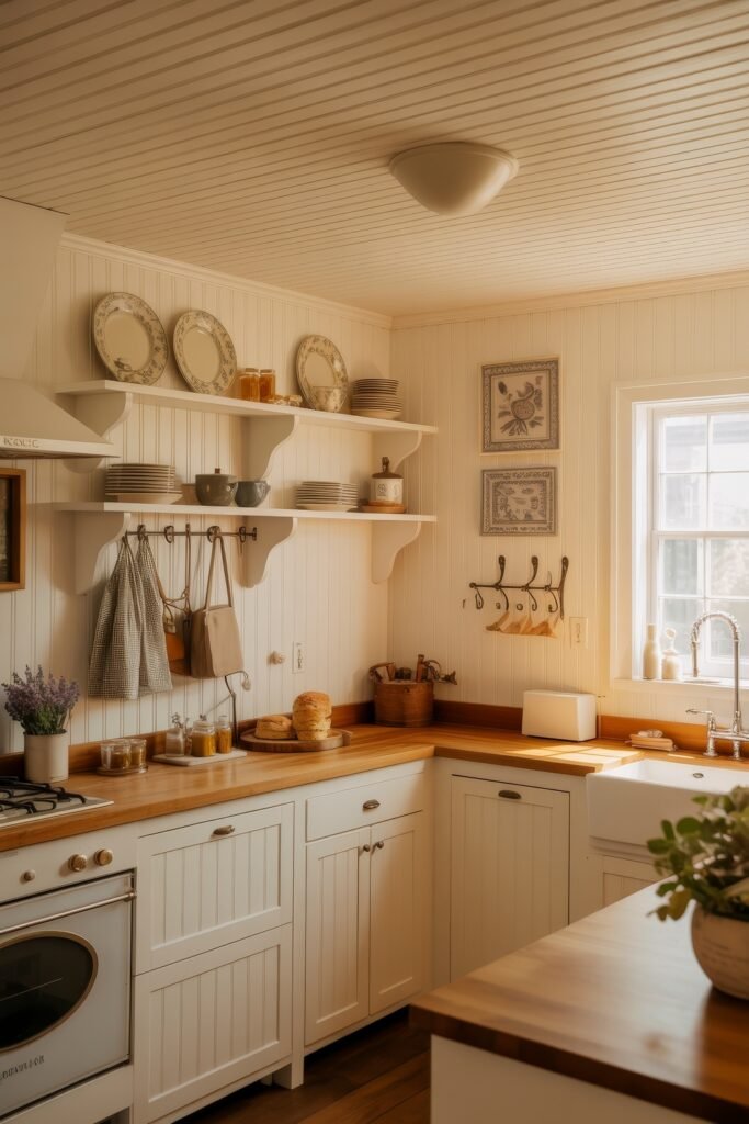 Inspiring Styles to Refresh Your White Kitchen Cabinets 21 Cozy cottage kitchen with white beadboard cabinets, butcher block countertops, open shelving with vintage dishes, and soft natural light creating a warm, inviting feel.