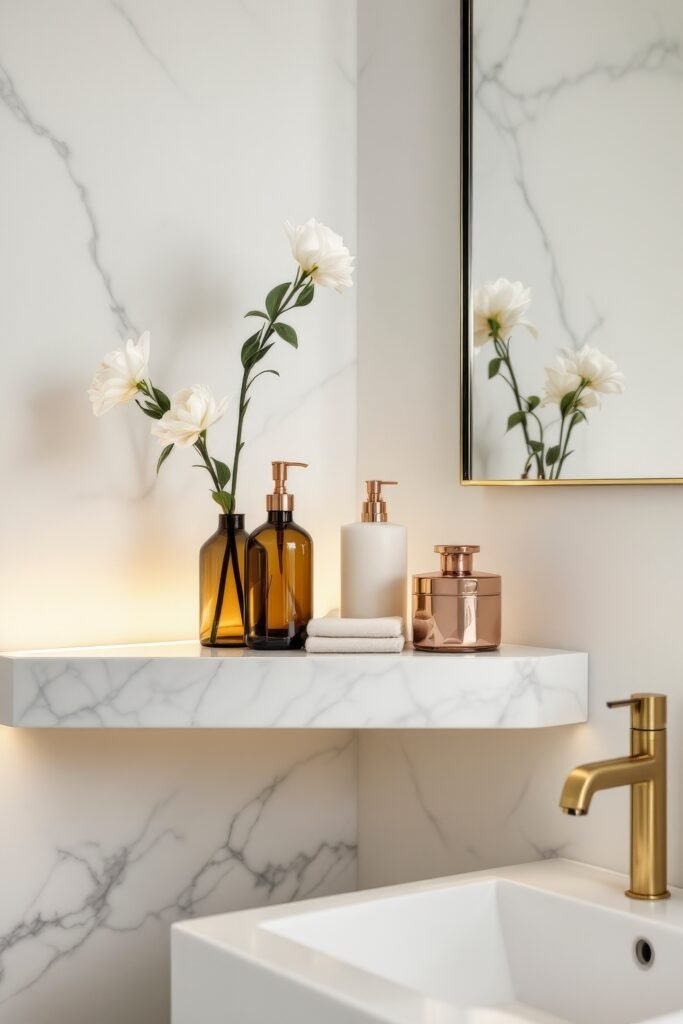 Gorgeous Ways to Elevate Your Bathroom Shelf Decor 23 Chic bathroom with marble walls and floating shelf decor that includes amber and gold-toned bottles, white flowers in vases, and rolled hand towels, all paired with a sleek modern faucet and minimalist sink.