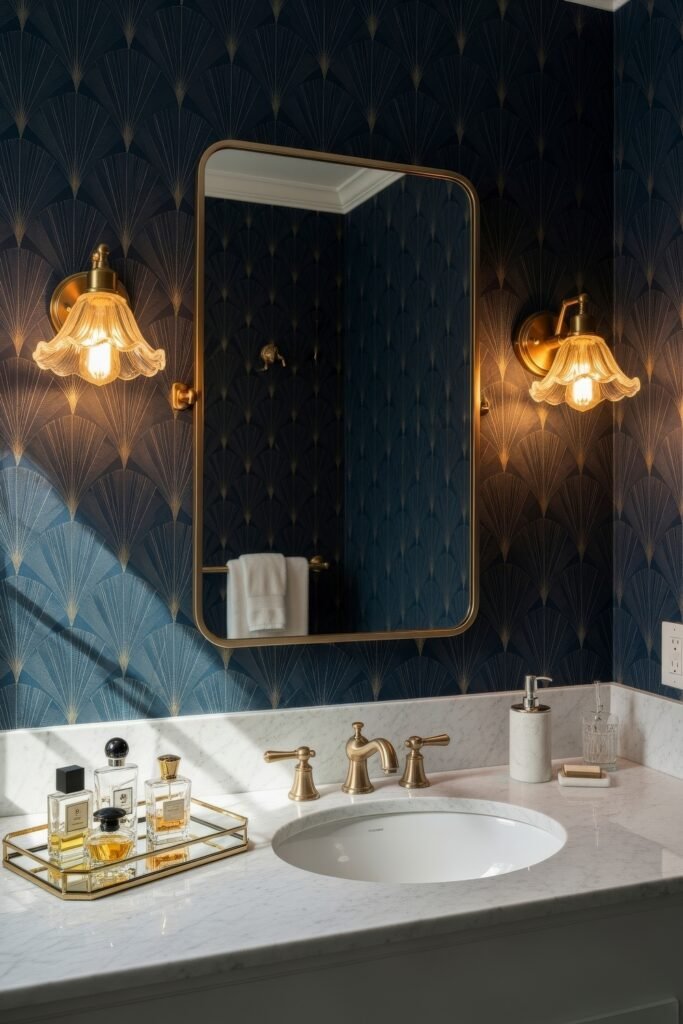 Creative Ways to Elevate Your Bathroom Wall Decor 23 Sophisticated bathroom with rich navy wallpaper, marble vanity, scalloped glass sconces, and gold-framed mirror, highlighted by a curated display of luxury fragrance bottles.