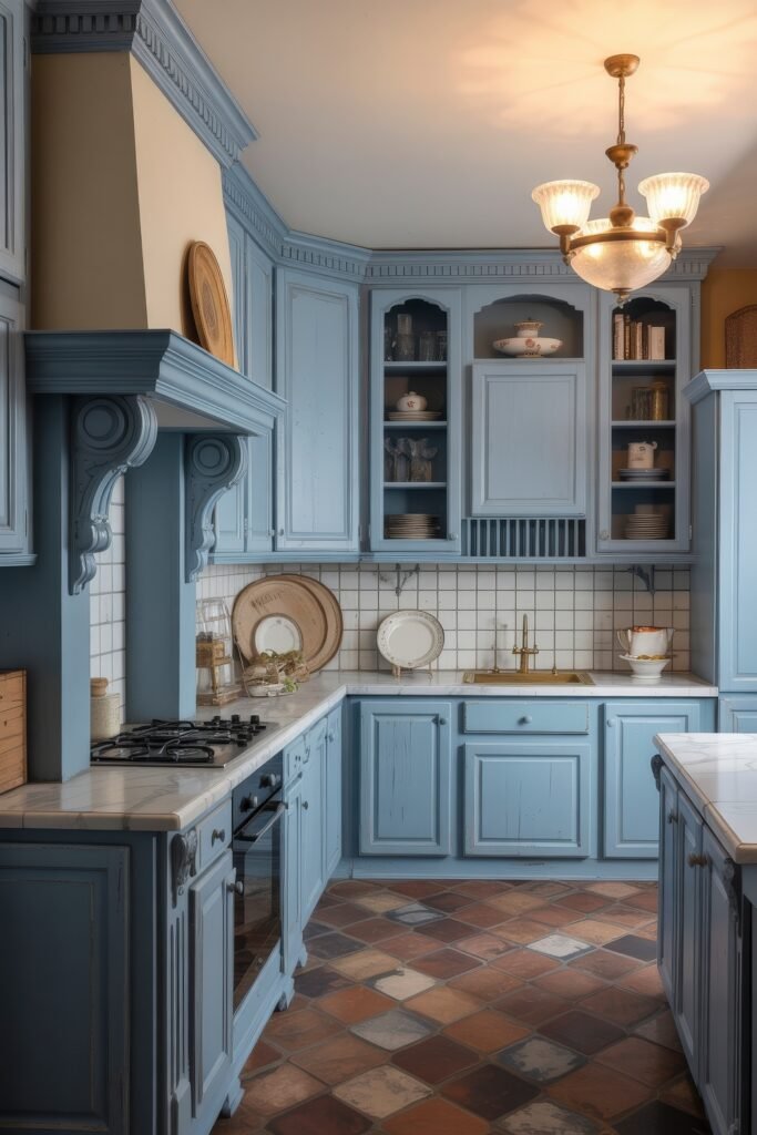 Inspiring Looks for Blue Kitchen Cabinets in Every Style 26 Classic kitchen with powder blue distressed cabinets, checkered tile flooring, and white grid backsplash, styled with antique dishware and vintage touches.