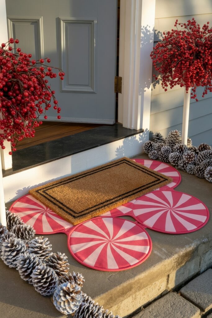 Front Door Cheer: Christmas Door Decorations Outdoor Ideas 26 A front step decorated with pink peppermint swirl rugs, pinecones, and clusters of red berries, creating a playful and welcoming holiday entrance.