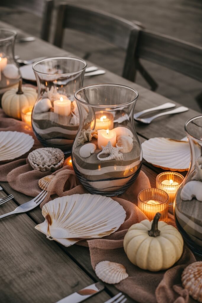 Breezy Blues & Driftwood Accents: Coastal Thanksgiving Tablescapes 21 Beachside coastal thanksgiving tablescape with layered sand-filled hurricane vases, seashells, white pumpkins, and shell-shaped plates set on a rustic wooden table with soft candlelight.