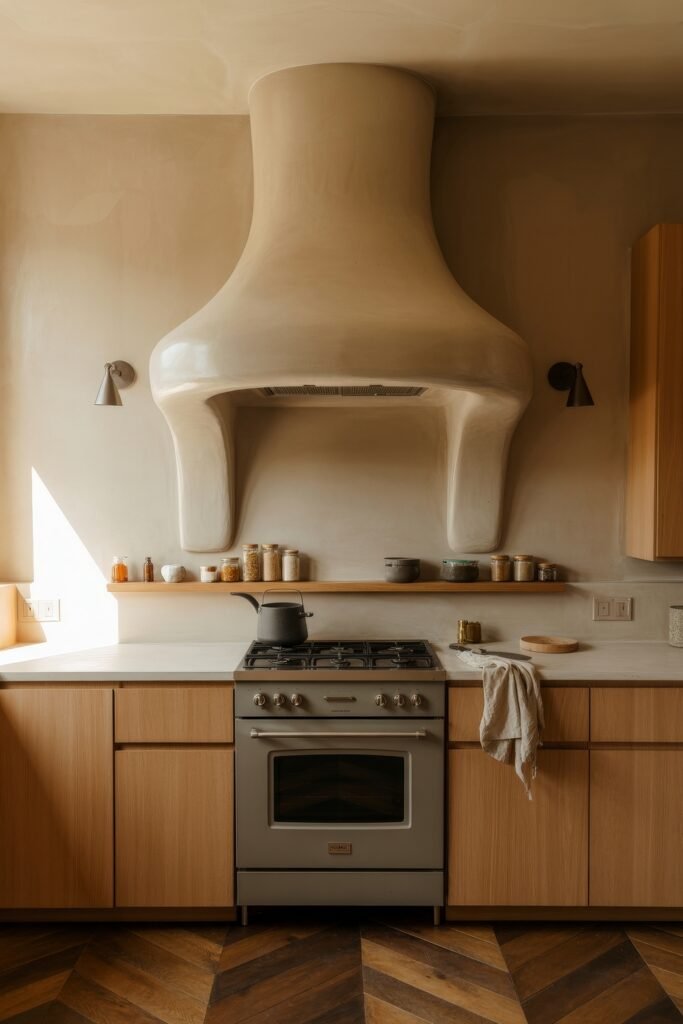 Rustic‑Modern Kitchen Ideas for Warm, Sleek Style 19 Artistic minimalist kitchen with pale wood cabinetry, a sculptural plaster range hood, and an open shelf of jars and cookware, emphasizing soft organic curves.