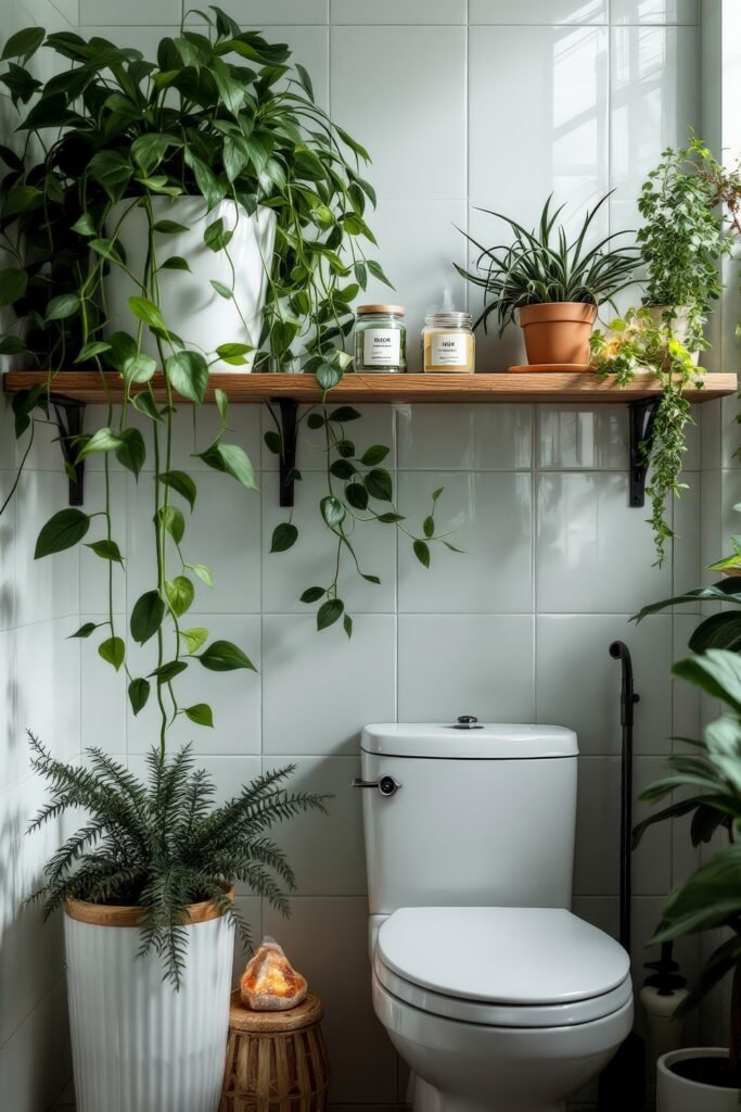 Gorgeous Ways to Elevate Your Bathroom Shelf Decor 24 Serene plant-filled bathroom with white tiled walls and a wooden shelf above the toilet holding terracotta and glass candle jars, surrounded by lush trailing vines and potted greenery for a fresh bathroom decor look.