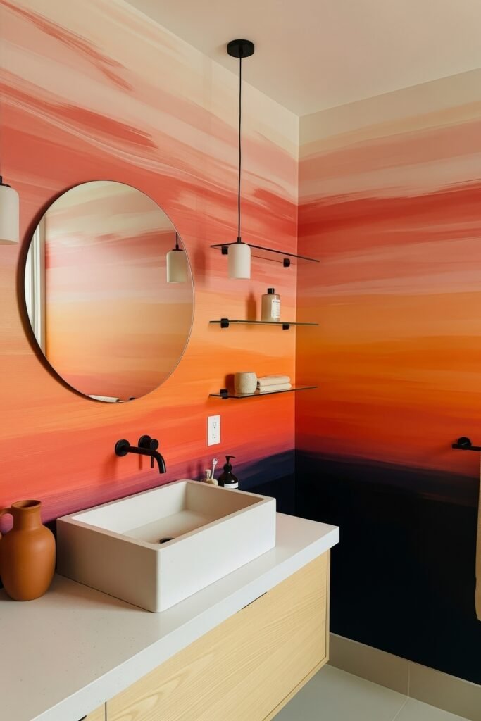 Creative Ways to Elevate Your Bathroom Wall Decor 24 Bold bathroom with a gradient orange and coral wall resembling a painted sunset, paired with minimalist black fixtures, round mirror, and clean-lined vanity for a dramatic pop of bathroom decor.