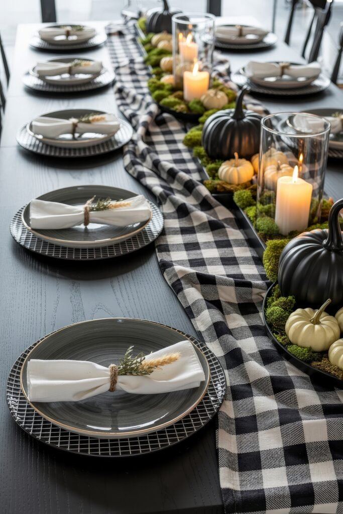 Monochrome Marvels: Black & White Thanksgiving Tablescapes 22 Cozy and elegant thanksgiving table with grid-patterned plates, white napkins tied with twine and herbs, and a black and white gingham runner featuring candles, moss, and black and white pumpkins.