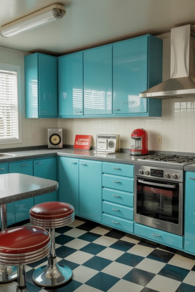 Inspiring Looks for Blue Kitchen Cabinets in Every Style 27 Retro kitchen with bright aqua blue cabinets, chrome hardware, red vinyl bar stools, and checkered black-and-white flooring for a 1950s diner aesthetic.