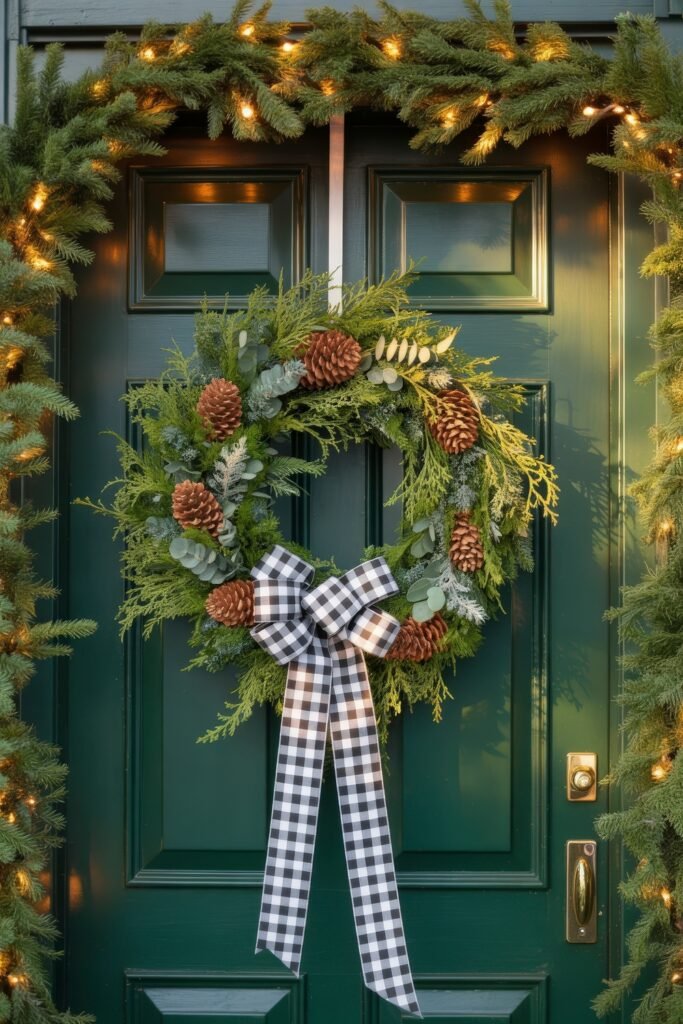 Front Door Cheer: Christmas Door Decorations Outdoor Ideas 27 A dark green door adorned with a pine wreath decorated with pinecones and eucalyptus, topped with a long black-and-white plaid ribbon, surrounded by lit garland.