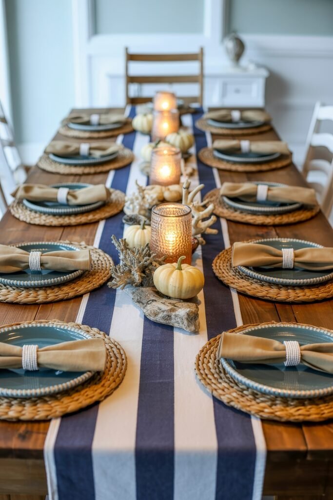 Breezy Blues & Driftwood Accents: Coastal Thanksgiving Tablescapes 22 Nautical-themed Thanksgiving table featuring a navy and white striped runner, cream pumpkins, woven chargers, coral accents, and amber glass votives.