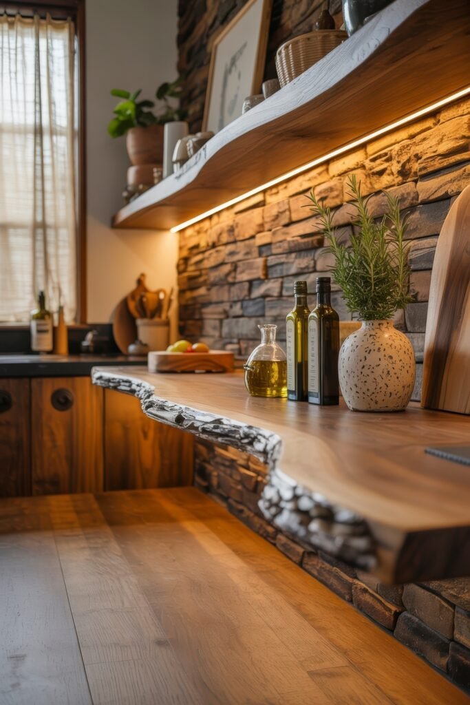 Rustic‑Modern Kitchen Ideas for Warm, Sleek Style 20 Rustic modern kitchen with live-edge wood shelving, exposed stone walls, and olive oil bottles alongside fresh herbs, glowing under warm under-shelf lighting.