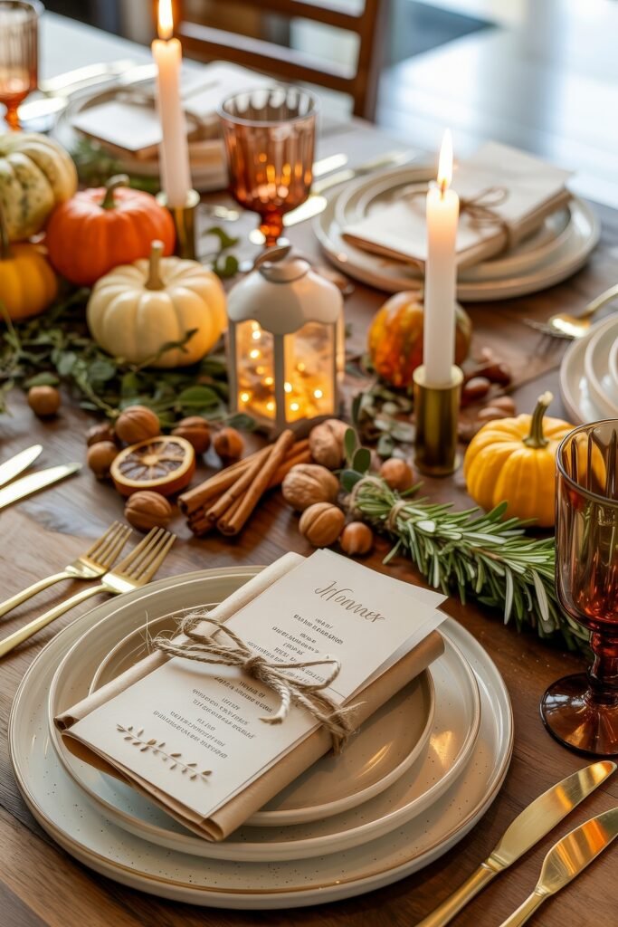 Effortless Harvest Table Looks: Thanksgiving Tablescapes Simple & Chic 22 Rustic Thanksgiving table with layered plates, printed menus, gold flatware, amber goblets, and a centerpiece of pumpkins, cinnamon sticks, herbs, nuts, and a glowing white lantern.