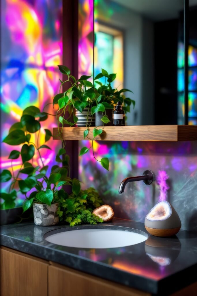 Gorgeous Ways to Elevate Your Bathroom Shelf Decor 25 Vibrant bathroom featuring a floating shelf with leafy plants and an amber bottle, complemented by a glowing diffuser and rainbow-colored stained glass reflections that fill the space with color and light.