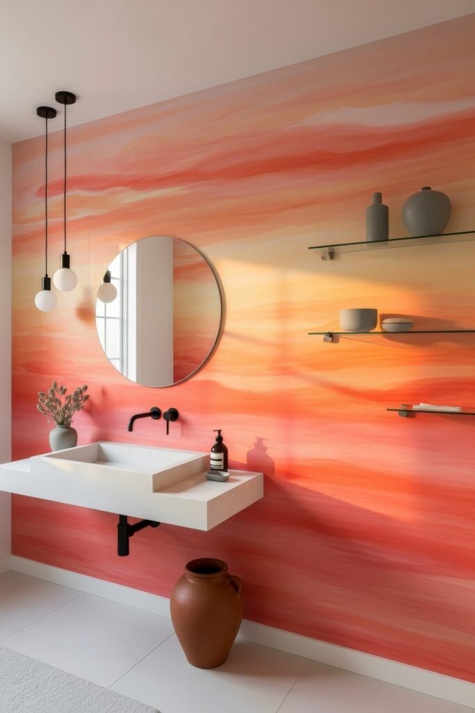 Creative Ways to Elevate Your Bathroom Wall Decor 25 Light and airy bathroom with sunset-inspired wall art in peach and coral tones, modern floating sink, glass shelves, and sculptural lighting that enhance the artistic bathroom wall decor.