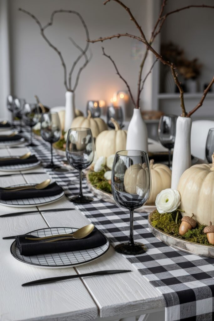 Monochrome Marvels: Black & White Thanksgiving Tablescapes 23 Refined thanksgiving tablescape with black goblets, black napkins on grid plates, and a centerpiece of white pumpkins, moss, acorns, and flowers along a black and white gingham runner.
