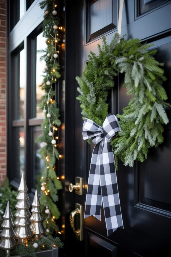 Front Door Cheer: Christmas Door Decorations Outdoor Ideas 28 A black front door featuring a classic pine wreath with a bold buffalo check bow, accompanied by metallic tree sculptures and festive outdoor lights.