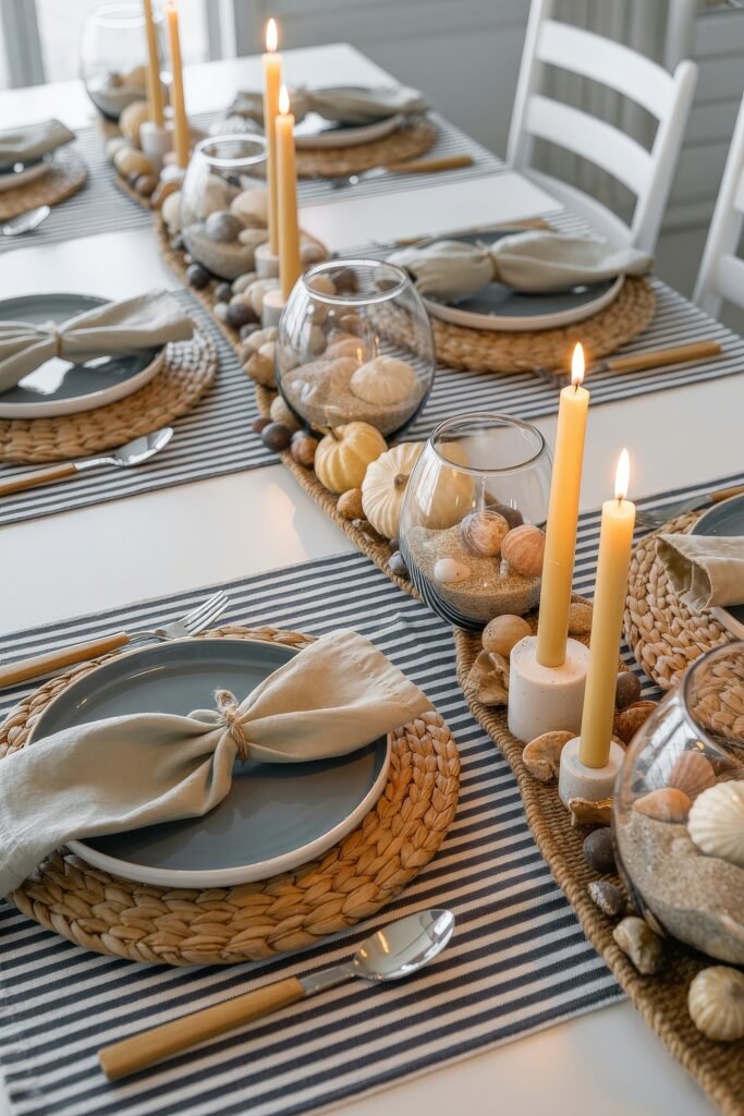 Breezy Blues & Driftwood Accents: Coastal Thanksgiving Tablescapes 23 Modern coastal Thanksgiving table with striped runners, neutral napkins, and centerpiece bowls of sand, mini pumpkins, and shells in glass vases flanked by tall taper candles.