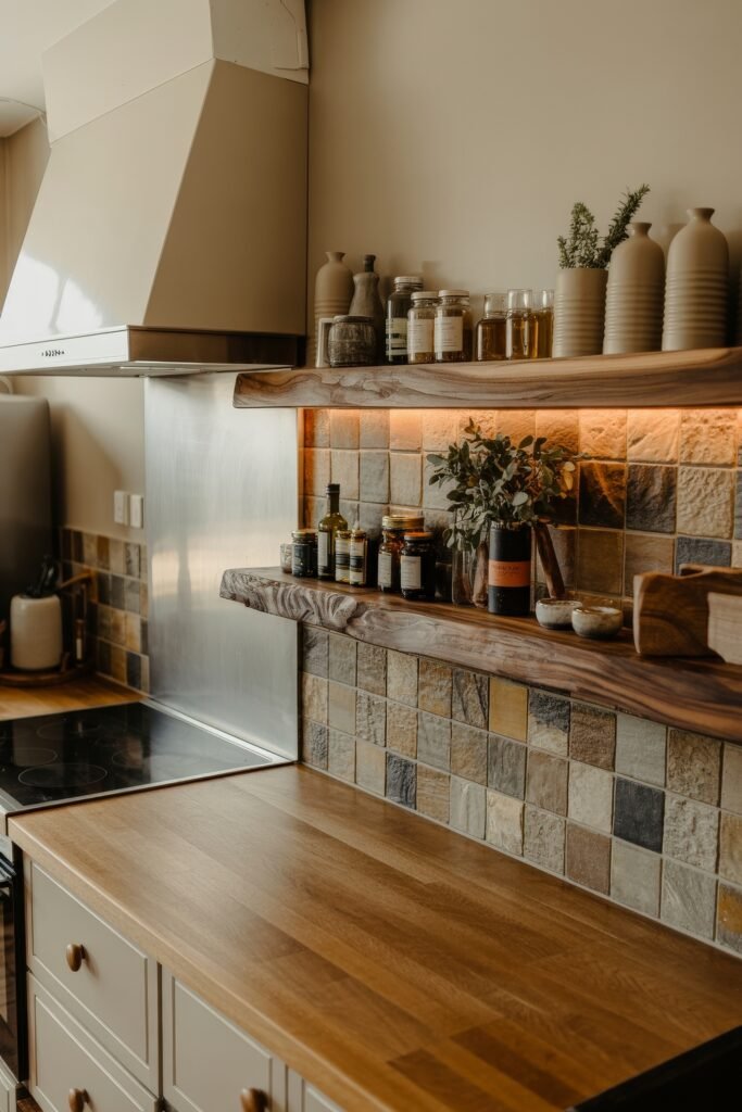 Rustic‑Modern Kitchen Ideas for Warm, Sleek Style 21 Warm-toned kitchen with a natural wood countertop, textured tile backsplash, and live-edge wooden shelves holding jars, oils, and neutral ceramic containers under soft accent lighting.
